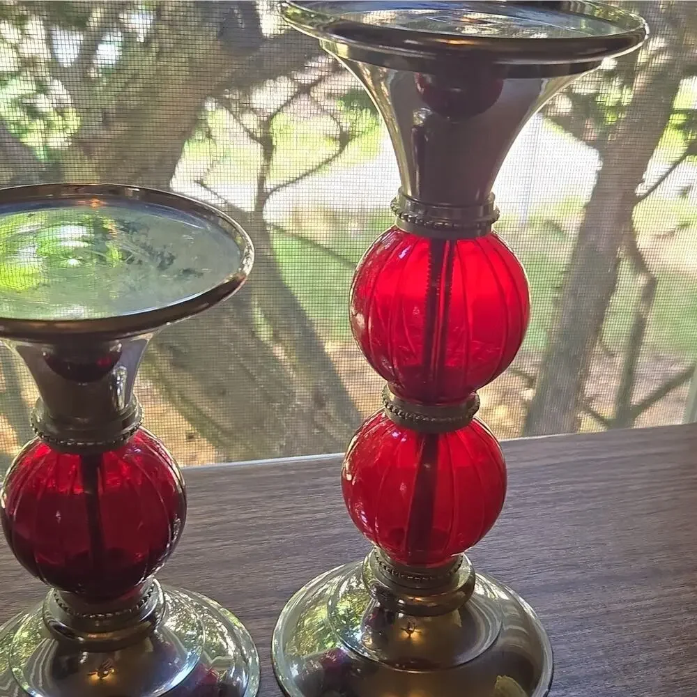 Set of 2 Vintage Martha Stewart Red Glass & Silver Metal Taper Candle Holders